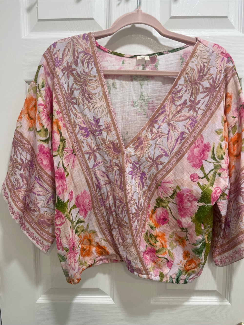 Mystree Floral V-Neck Peasant Tunic - Pink, Orange & Green